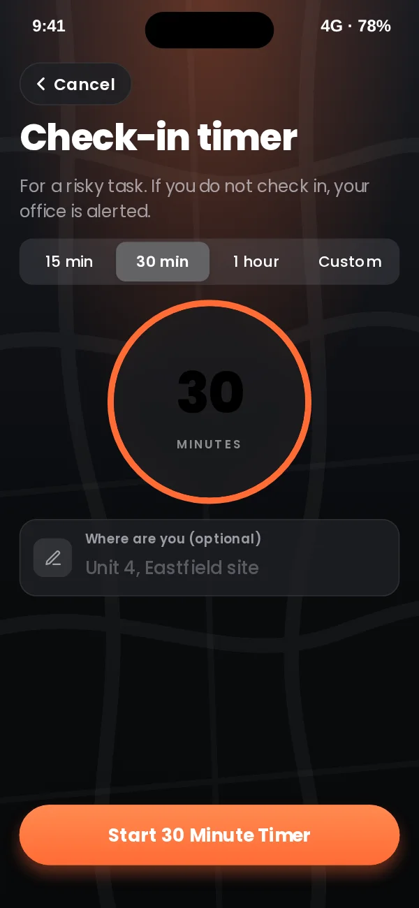 Timer screen with 15 minute, 30 minute, 1 hour and custom options, a large dial and a note of where the worker is.