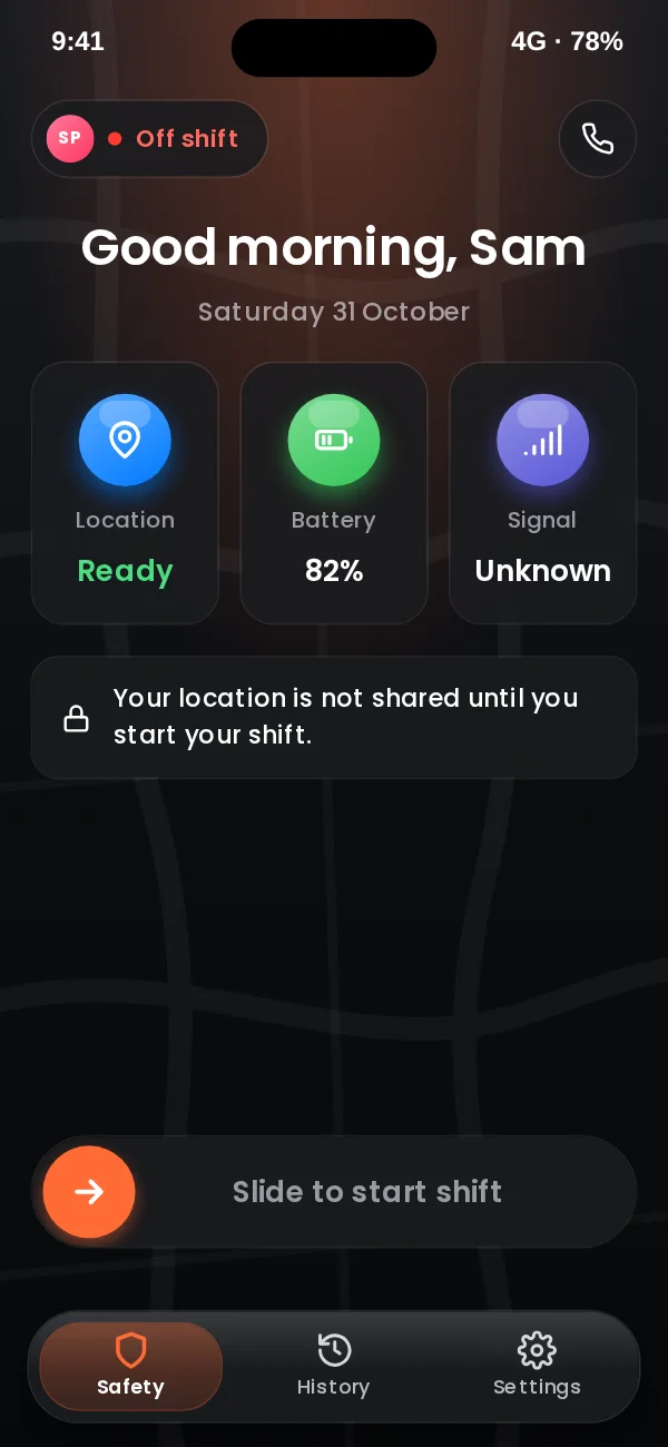 Staff app off shift: a greeting, tiles showing location, battery and signal, a note that location is not shared until the shift starts, and a slide to start shift control.