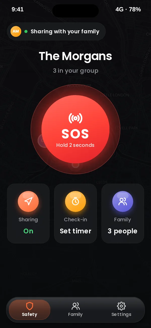 Family mode: sharing with your family, a large SOS button, and tiles for sharing, check-in timer and the family group.
