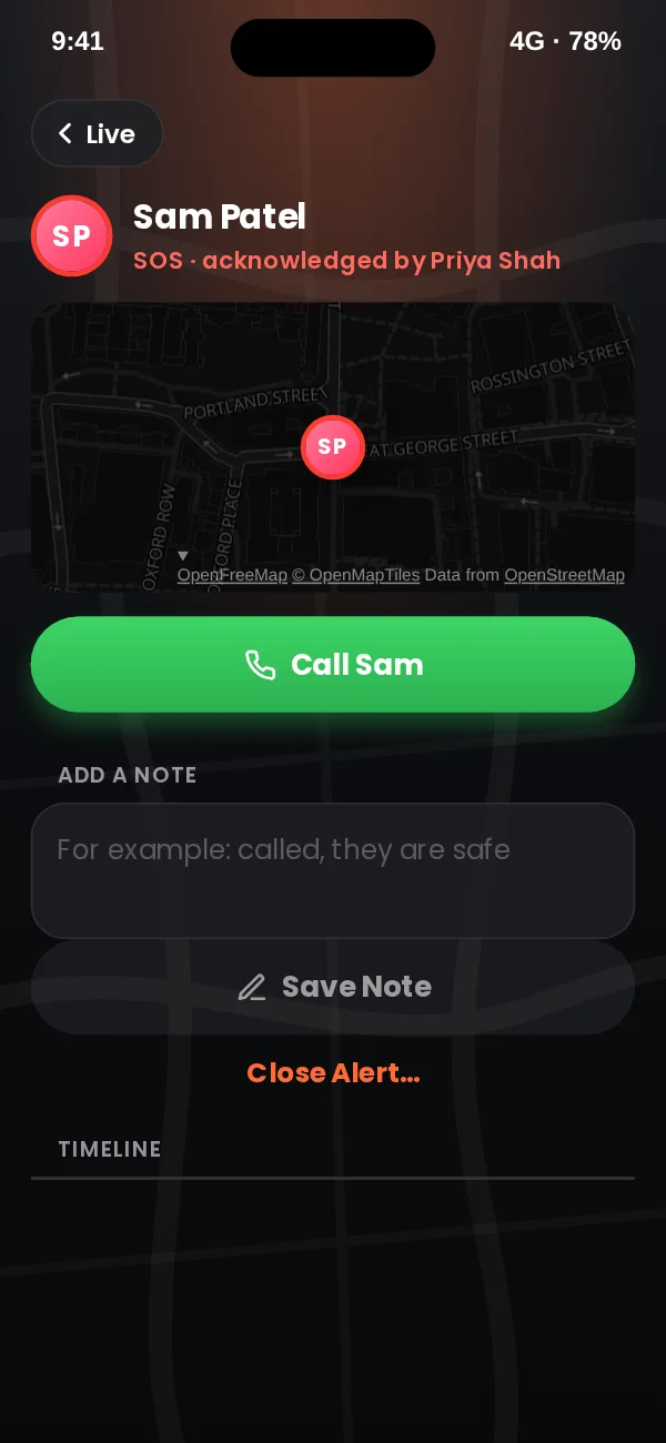 Incident screen with the worker’s location on a map, a Call button, a note box, a Close alert option and the timeline.