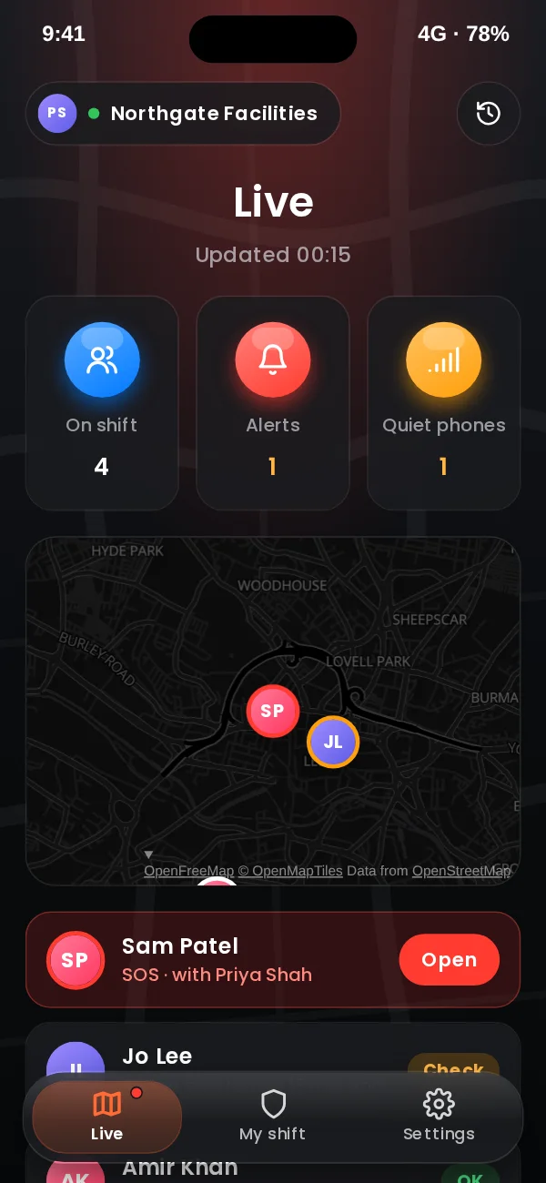 Office live view: tiles for staff on shift, alerts and quiet phones, a dark map with staff pins, and a list with the SOS at the top.