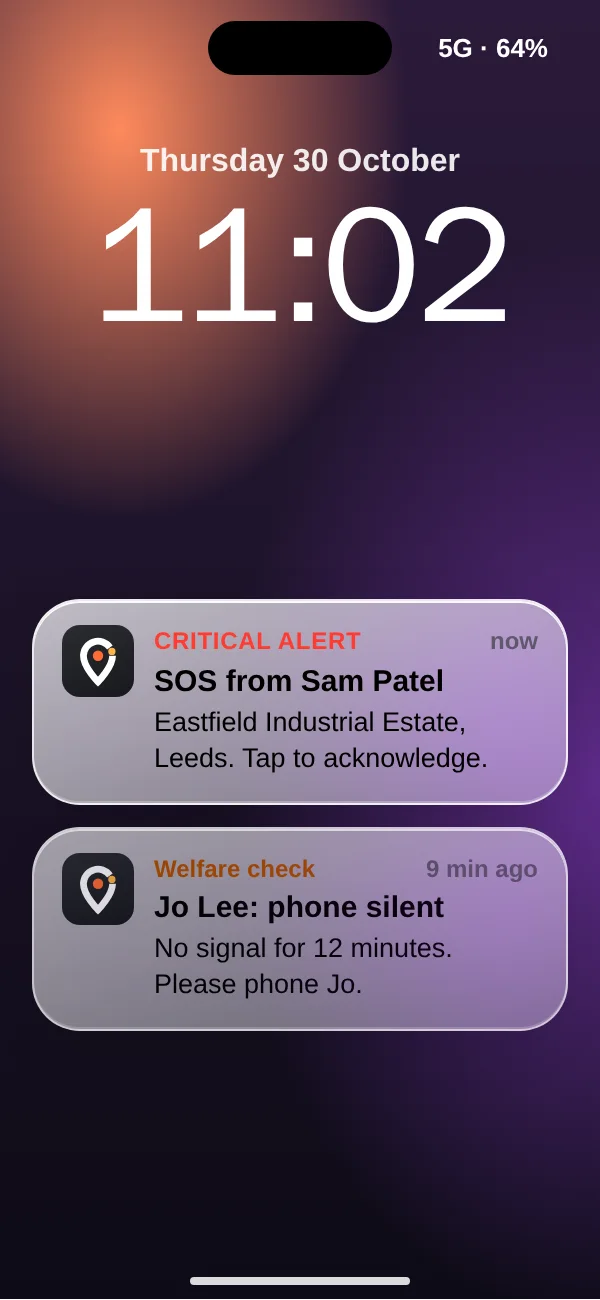 Office phone lock screen showing an SOS alert notification and a welfare check notification.