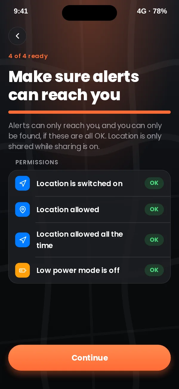Phone check listing location, location all the time and low power mode, each marked OK or Fix, so alerts can reach the person.