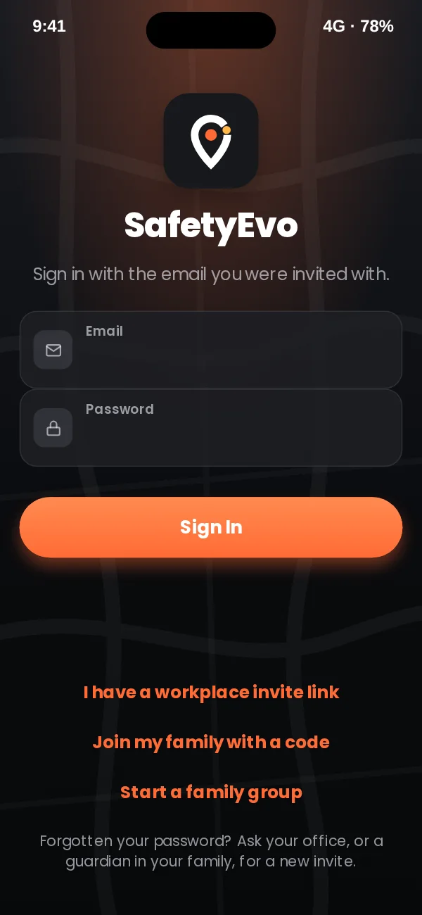 Dark sign in screen with the SafetyEvo logo, email and password fields, and links for workplace invites and family groups.