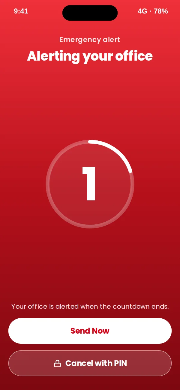 Red SOS screen counting down before the office is alerted, with Send now and Cancel with PIN buttons.