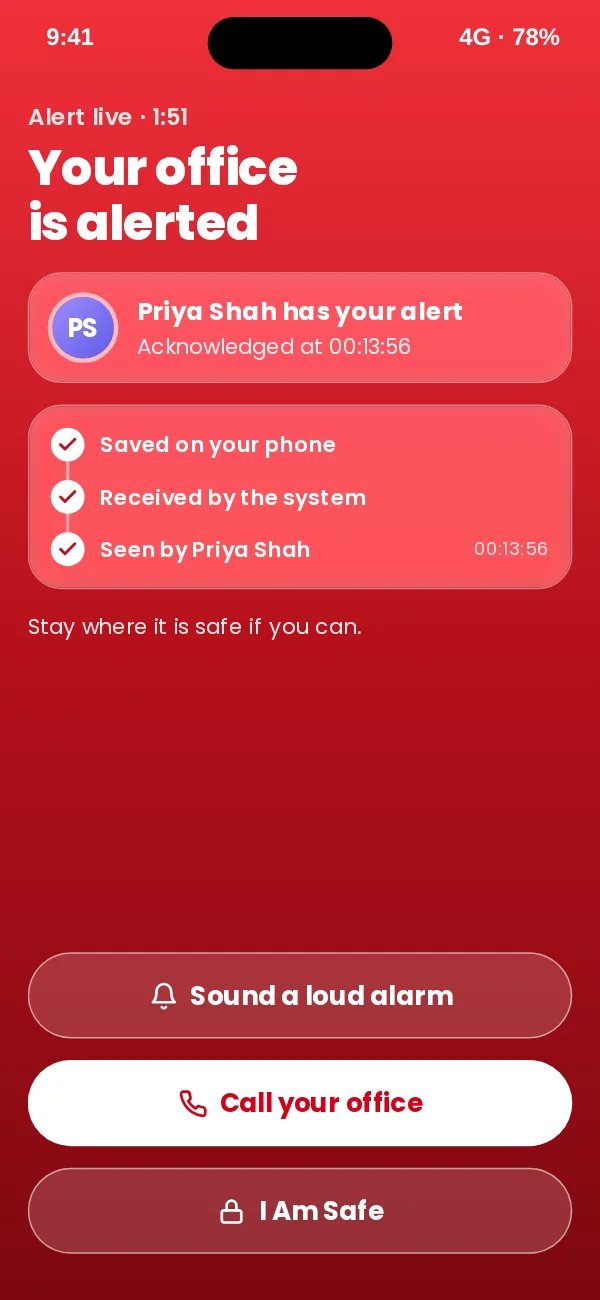 Red screen confirming the office is alerted, naming the person who acknowledged, with steps for saved, received and seen, and buttons to sound a loud alarm or call the office.