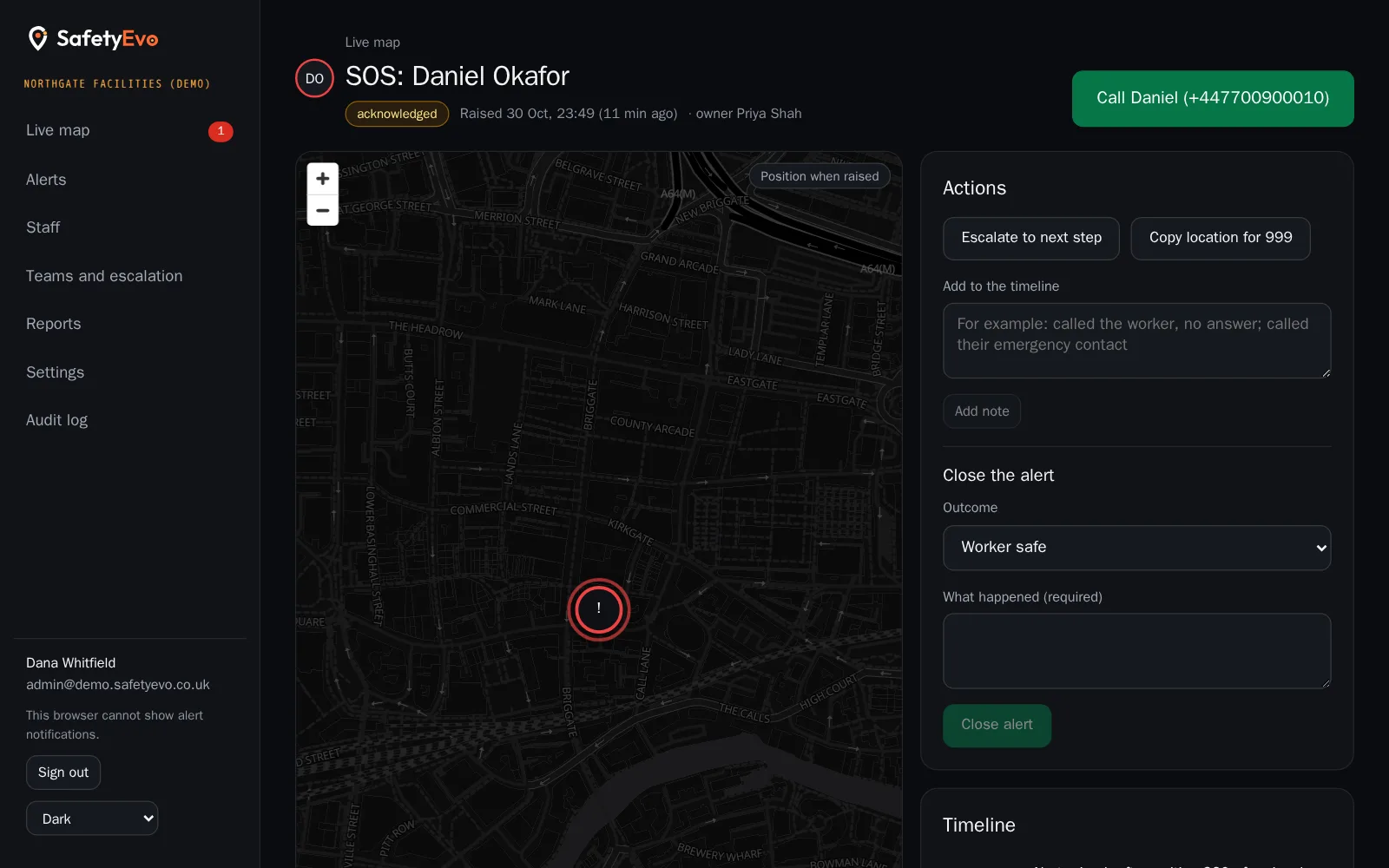 Incident page for an SOS: who owns it, the location on a map, buttons to escalate or copy the location for 999, a note box, closing with an outcome, and the timeline.
