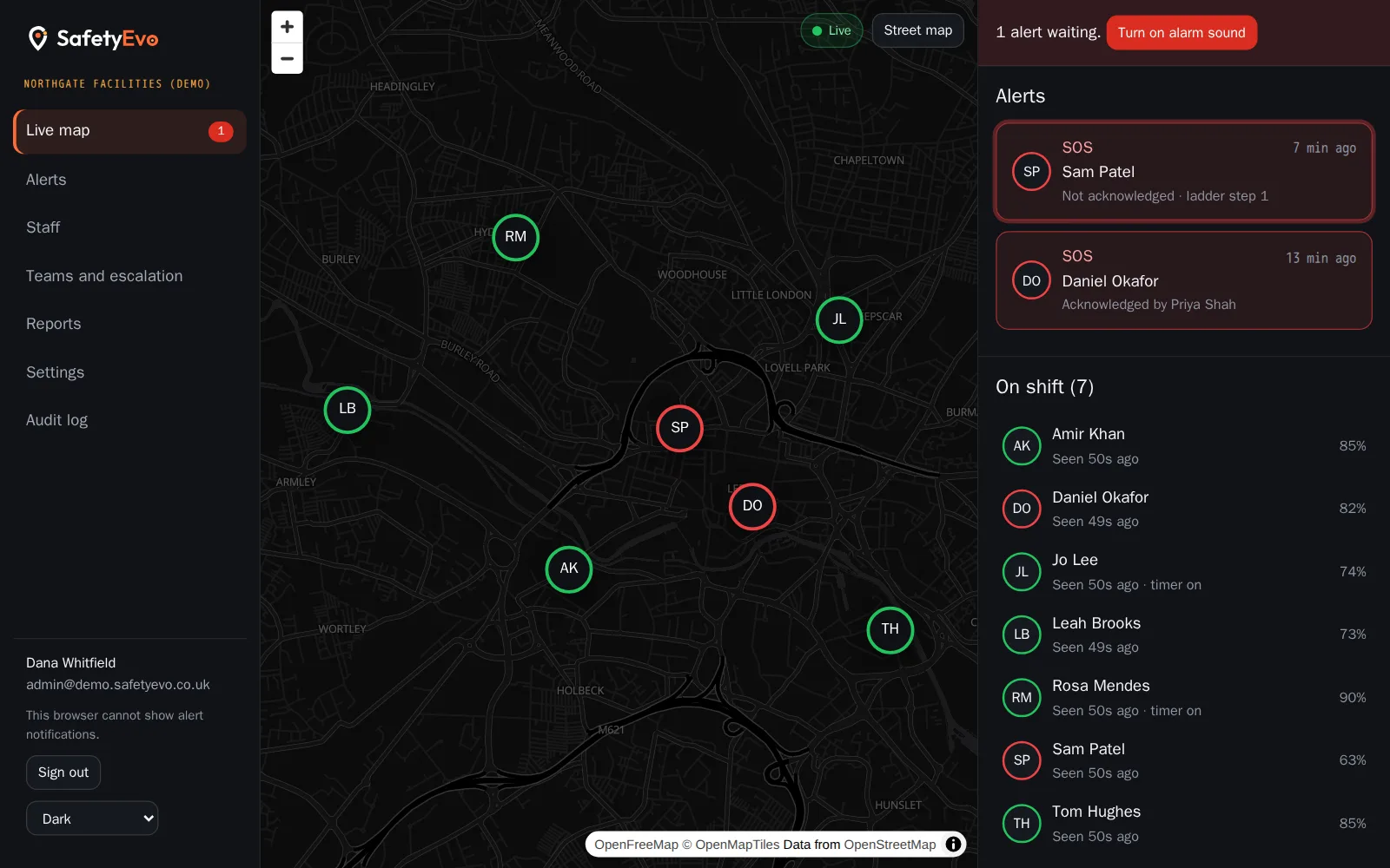 Office console live map: staff pins on a dark map of Leeds, an open SOS and an acknowledged SOS in the alert queue, and the list of everyone on shift with battery levels.