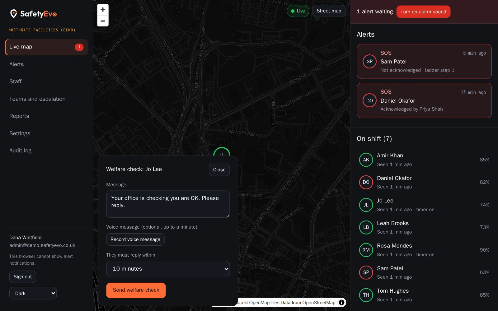 Welfare check panel on the live map: a message to the worker, an optional recorded voice message, and how long they have to reply before it becomes an alert.